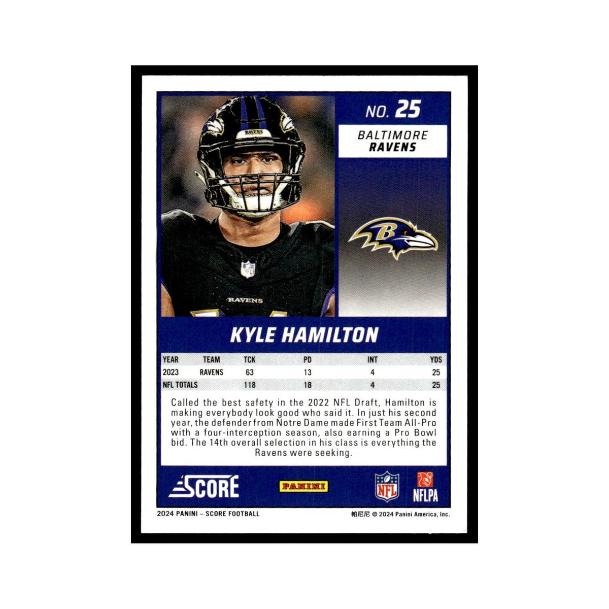 Kyle Hamilton 2024 Score #25 Baltimore Ravens Football Card NM