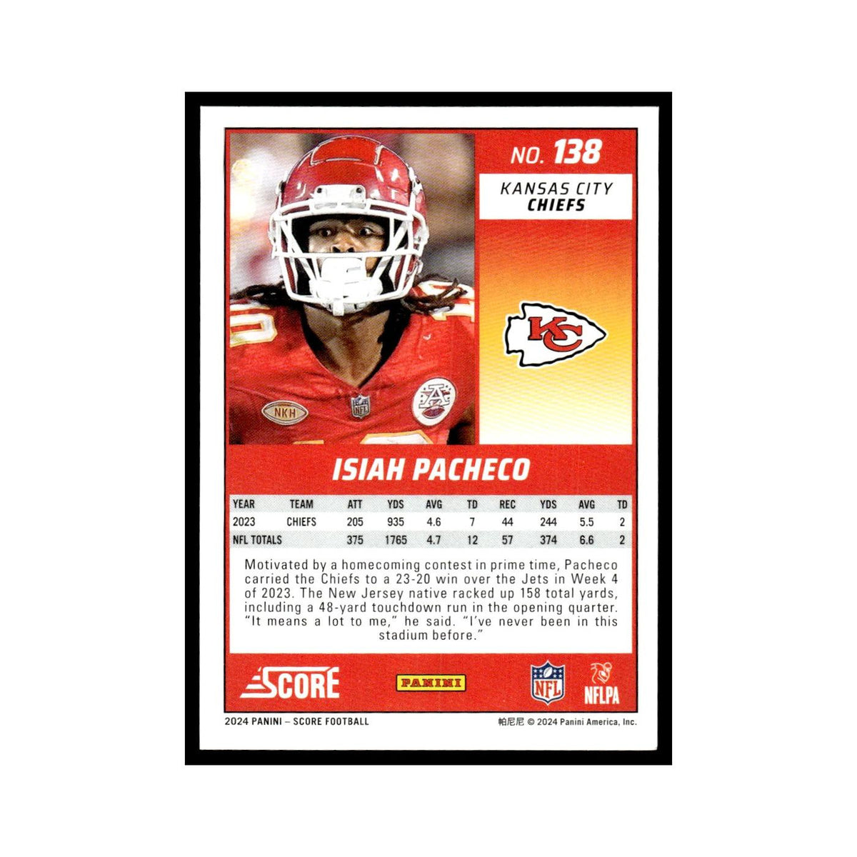 Isiah Pacheco 2024 Score #138 Kansas City Chiefs Football Card NM