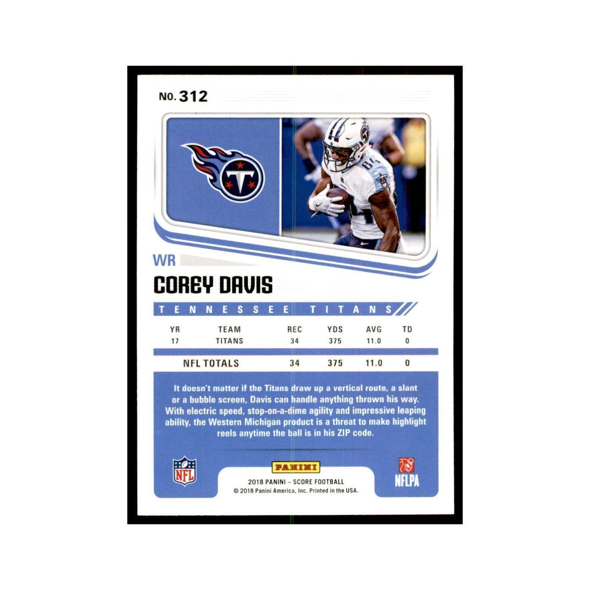 Corey Davis 2018 Score #312 Football Cards Football Card NM