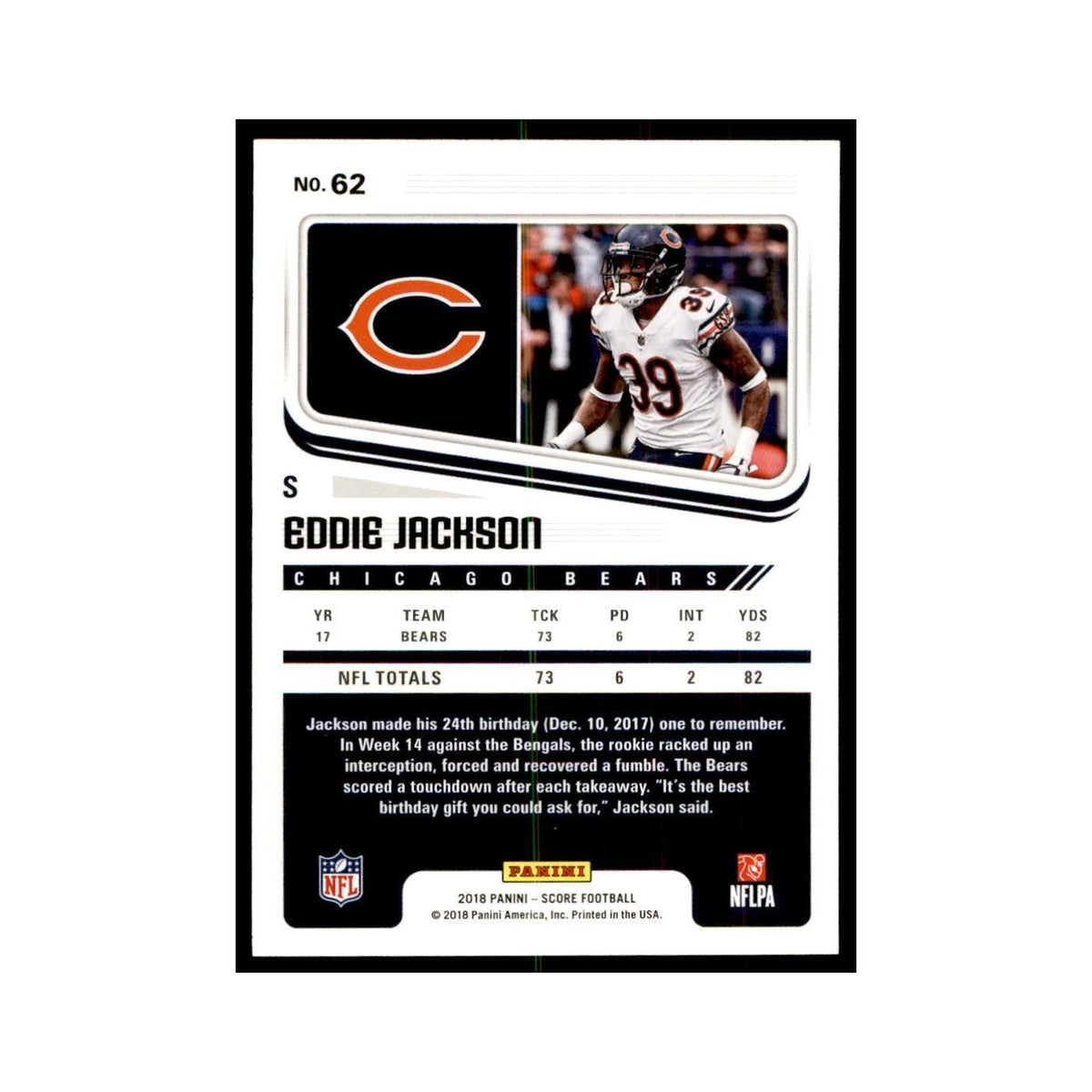 Eddie Jackson 2018 Score #62 Football Cards Football Card NM