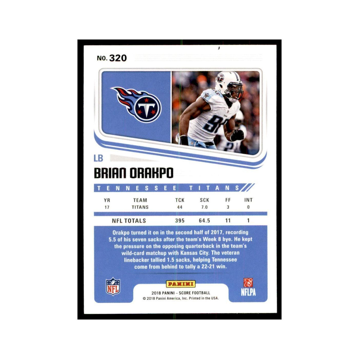 Brian Orakpo 2018 Score #320 Football Cards Football Card NM