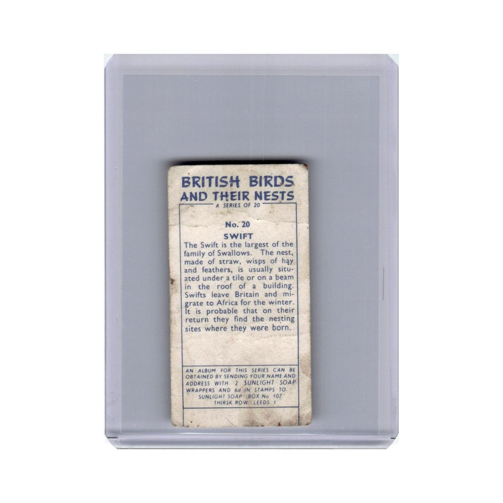 British Birds and Their Nests Swift 1961 Sunlight Soap #20 Baseball Card Poor