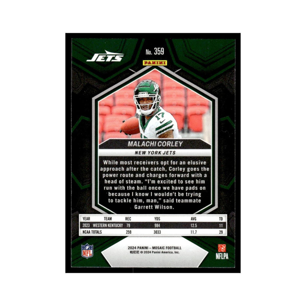 Malachi Corley Rookie 2024 Panini Mosaic #359 New York Jets Football Card NM