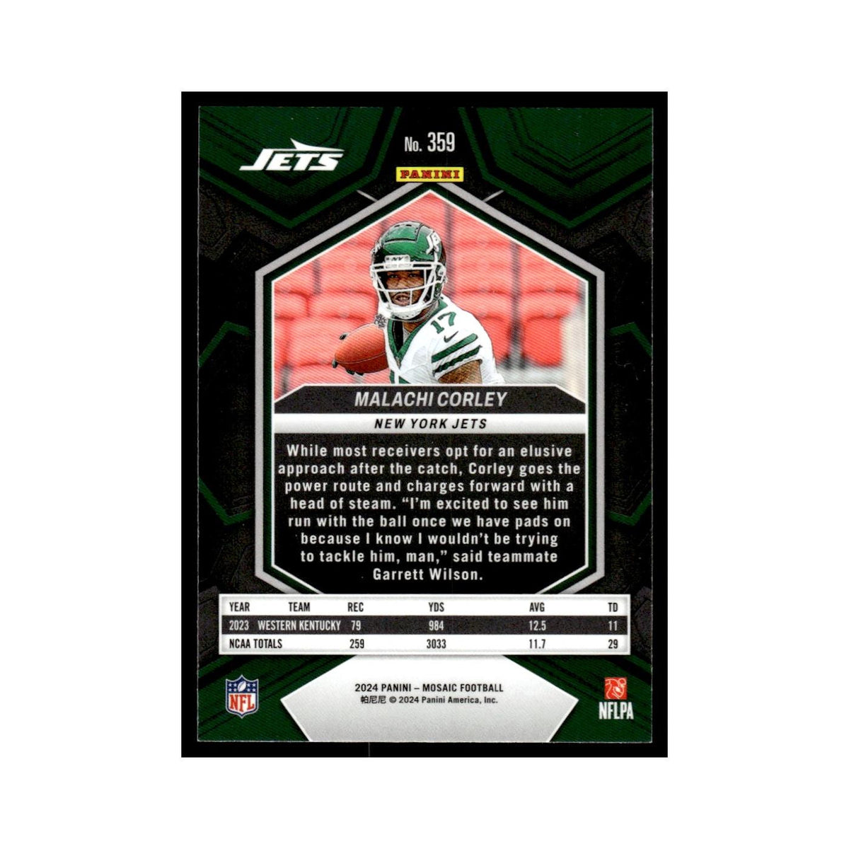 Malachi Corley Rookie 2024 Panini Mosaic #359 New York Jets Football Card NM