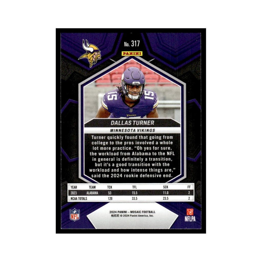 Dallas Turner Rookie 2024 Panini Mosaic #317 Minnesota Vikings Football Card NM