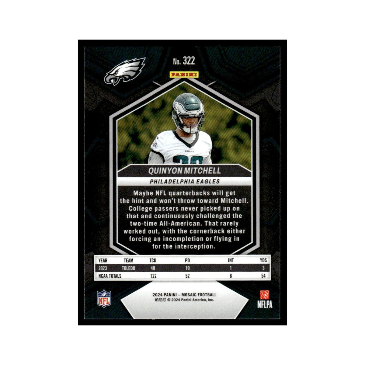 Quinyon Mitchell Rookie 2024 Panini Mosaic #322 Philadelphia Eagles NM