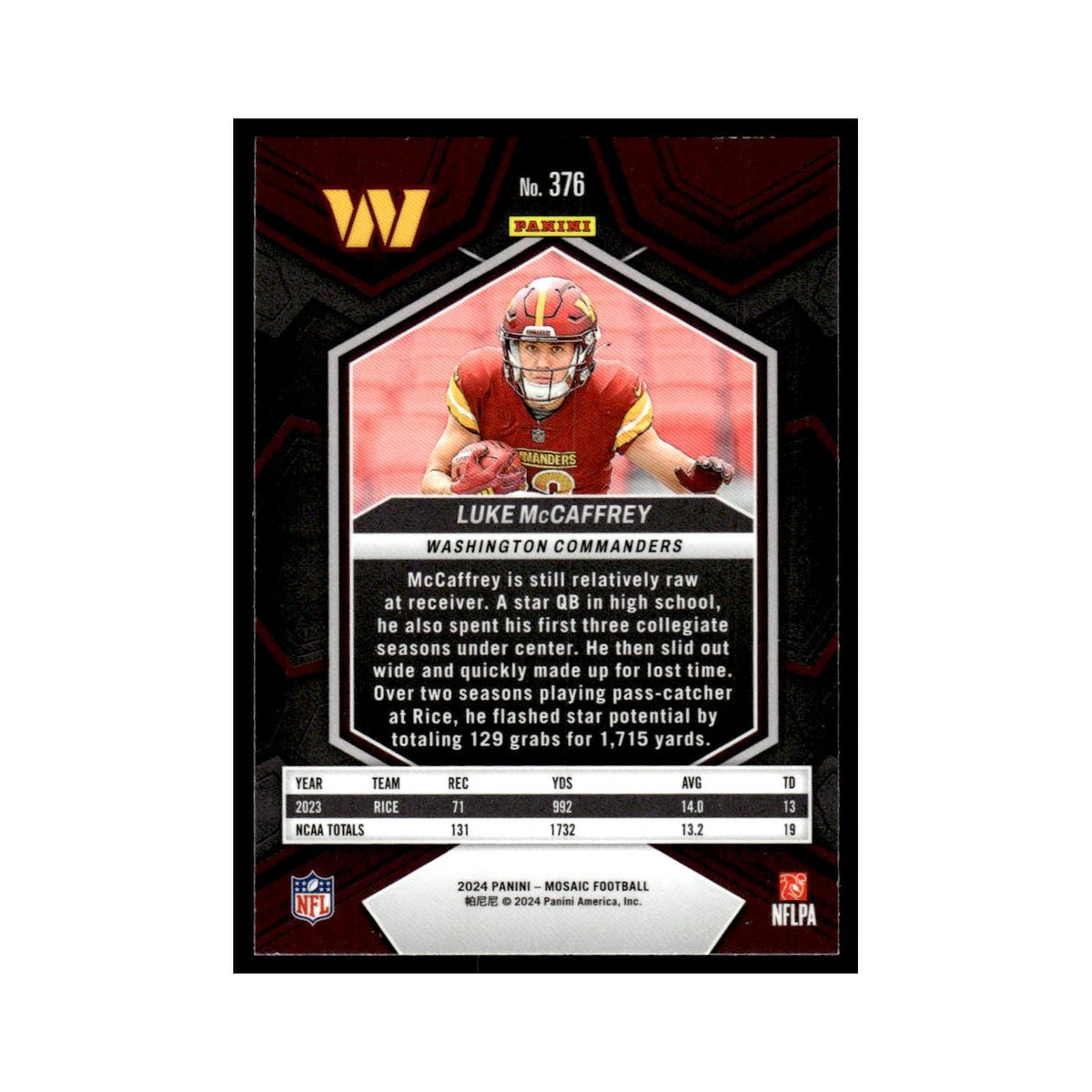 Luke McCaffrey Rookie 2024 Panini Mosaic #376 Washington Commanders NM