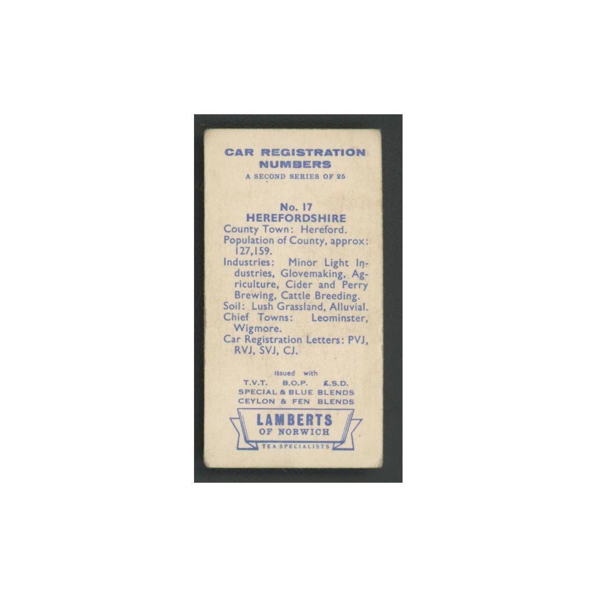 Herefordshire 1960 Lambert Tea Car Registration Numbers #17.0 Baseball Card VG