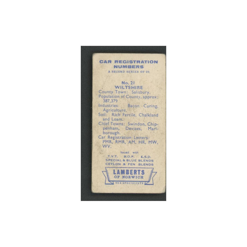 Wiltshire 1960 Lambert Tea Car Registration Numbers #21.0 Baseball Card VG