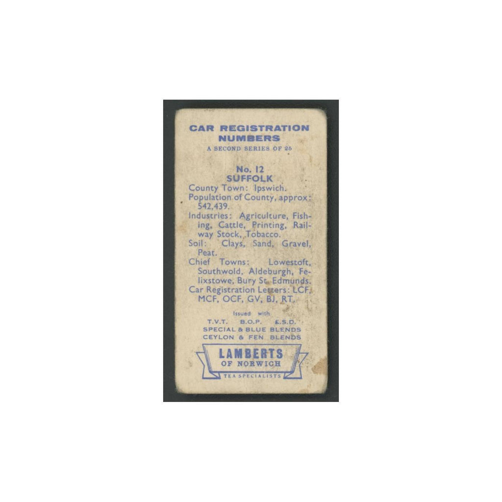 Suffolk 1960 Lambert Tea Car Registration Numbers #12.0 Baseball Card VG