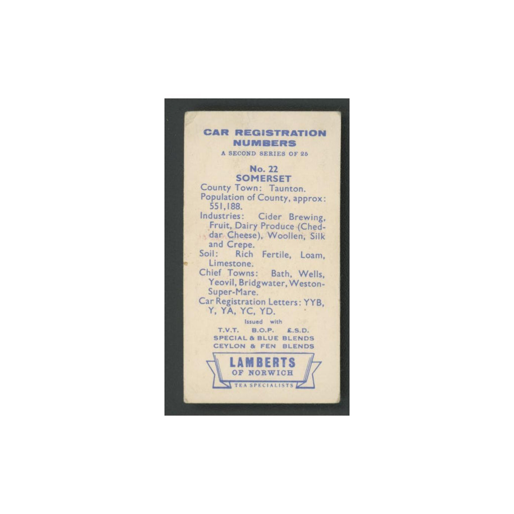 Somerset 1960 Lambert Tea Car Registration Numbers #22.0 Baseball Card VG