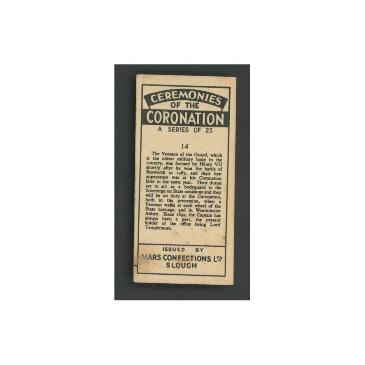 Yeomen of the Guard 1937 Mars Confections Ceremonies Coronation #14.0 VG