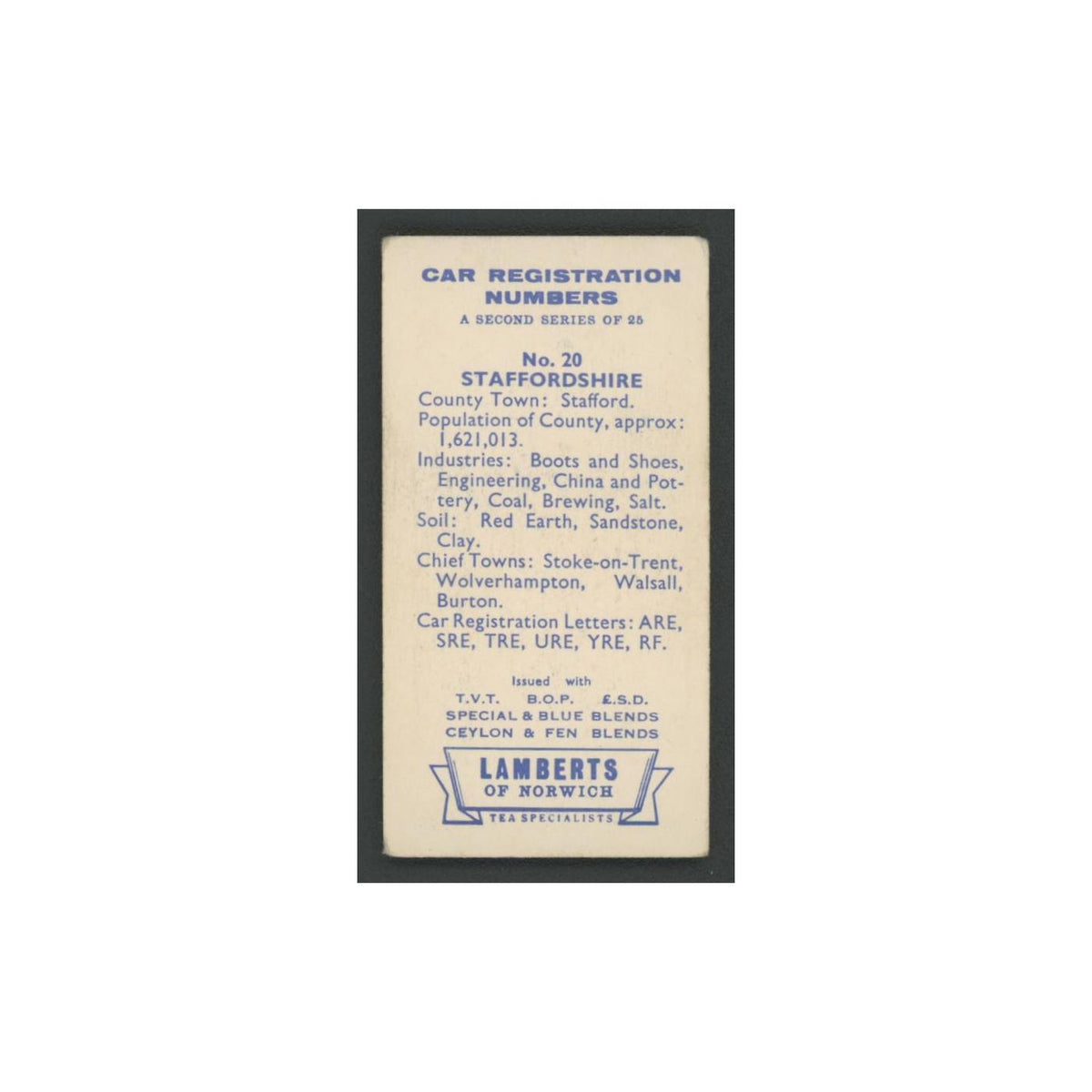 Staffordshire 1960 Lambert Tea Car Registration Numbers #20.0 Baseball Card VG