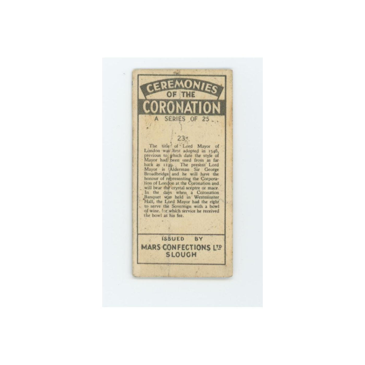 Lord Mayor of London 1937 Mars Confections Ceremonies Coronation #23.0 VG
