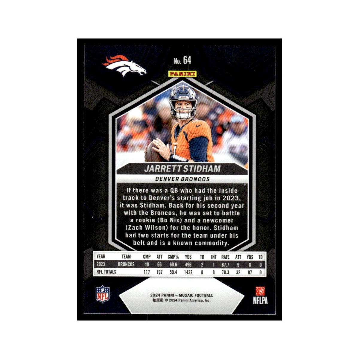 Jarrett Stidham 2024 Panini Mosaic #64 Denver Broncos Football Card NM