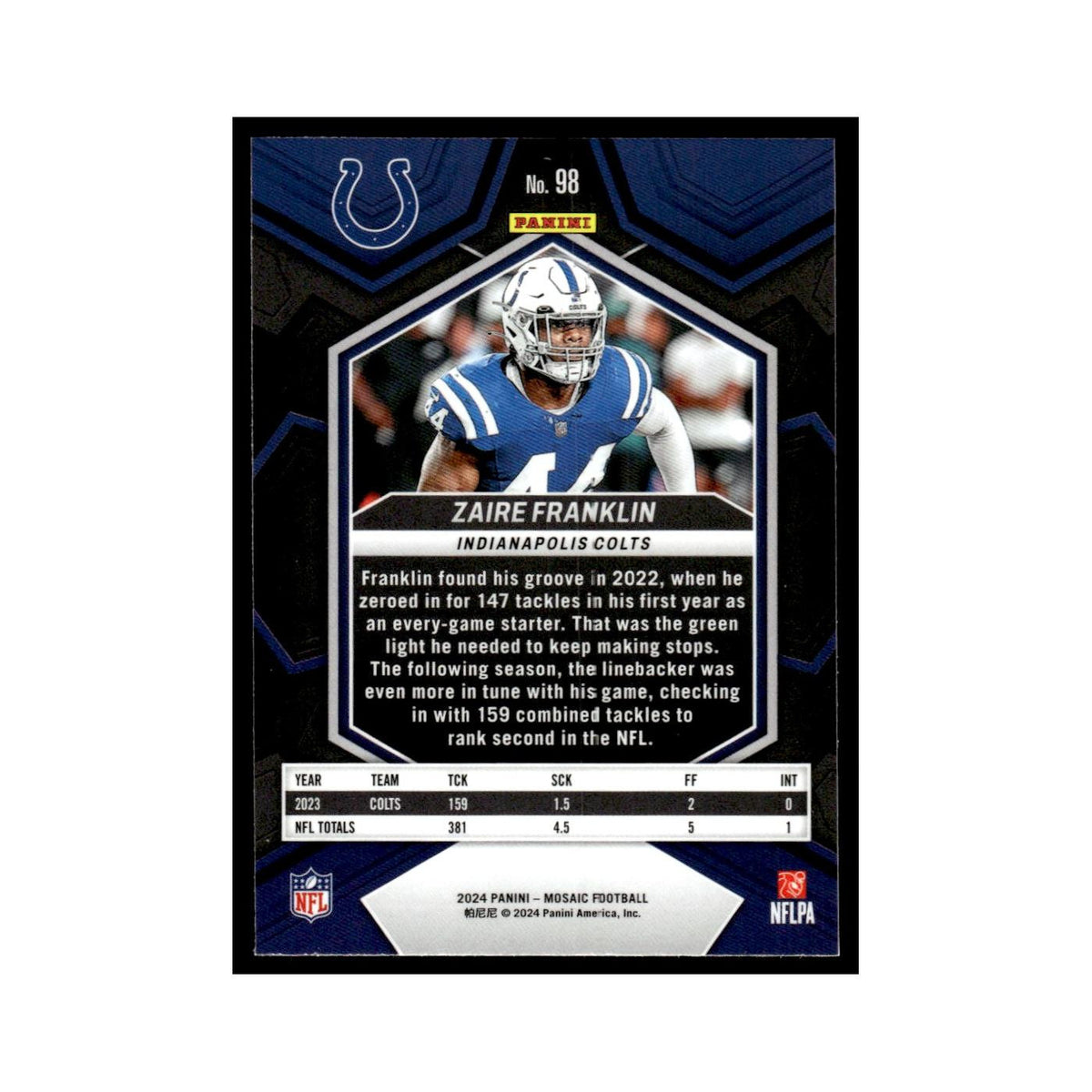 Zaire Franklin 2024 Panini Mosaic #98 Indianapolis Colts Football Card NM