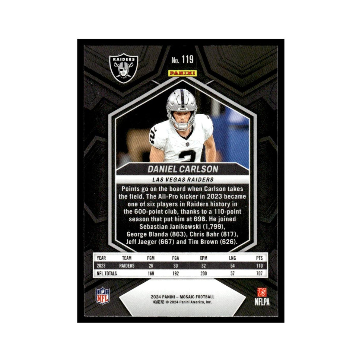Daniel Carlson 2024 Panini Mosaic #119 Las Vegas Raiders Football Card NM