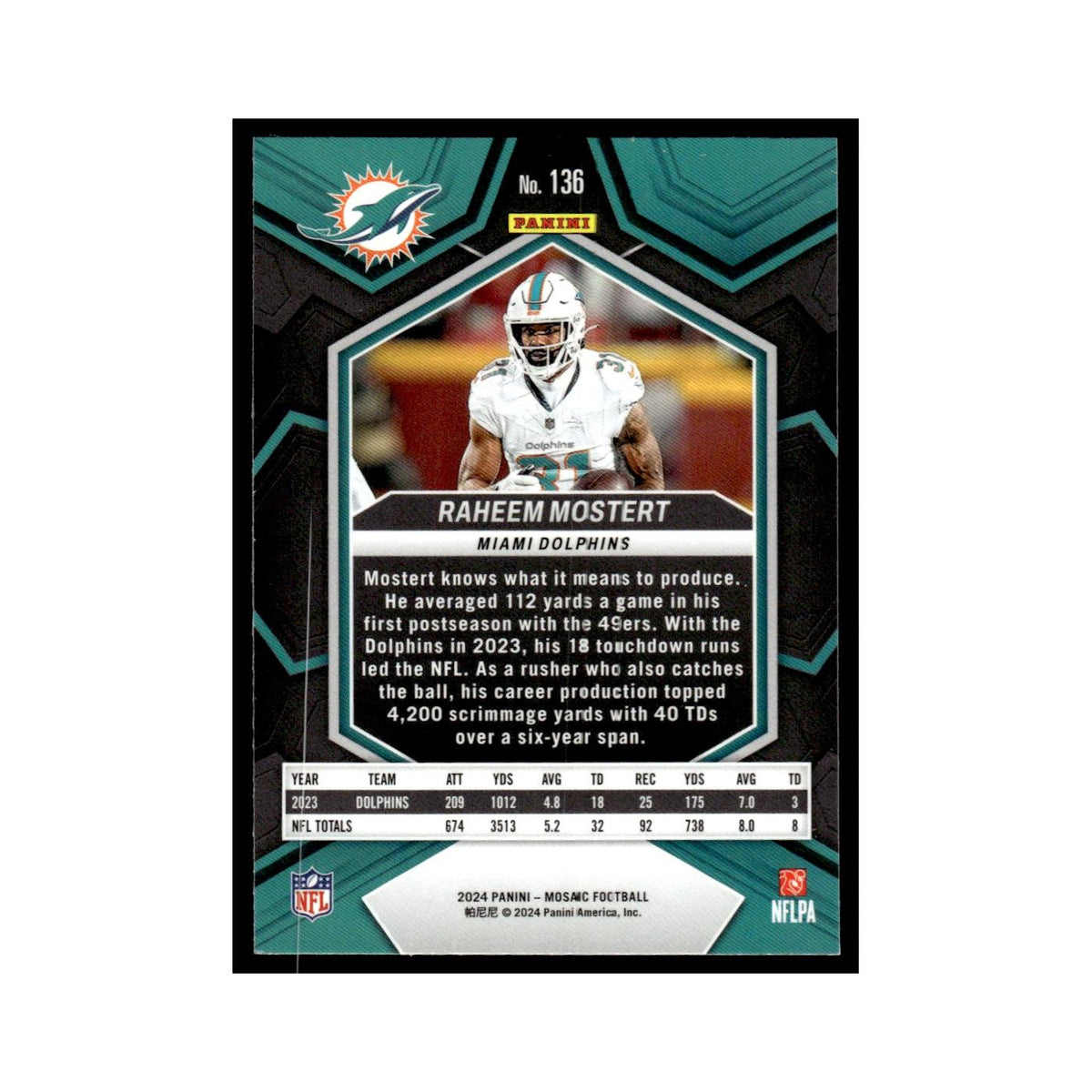 Raheem Mostert 2024 Panini Mosaic #136 Miami Dolphins Football Card NM