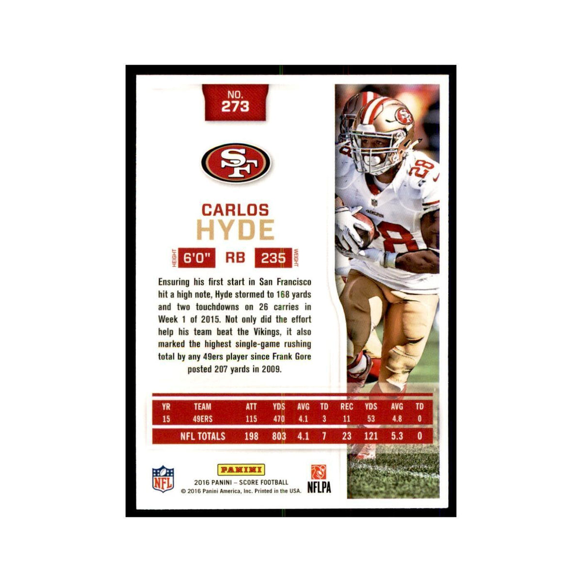 Carlos Hyde 2016 Score #273 Football Cards Football Card NM
