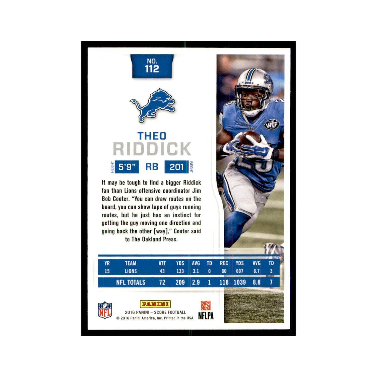 Theo Riddick 2016 Score #112 Football Cards Football Card NM