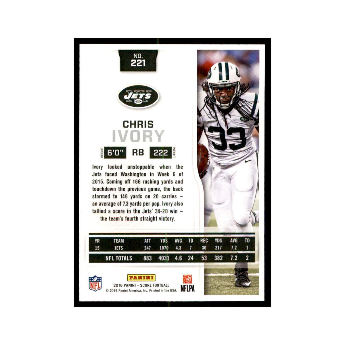 Chris Ivory 2016 Score #221 Baseball Cards Football Card NM