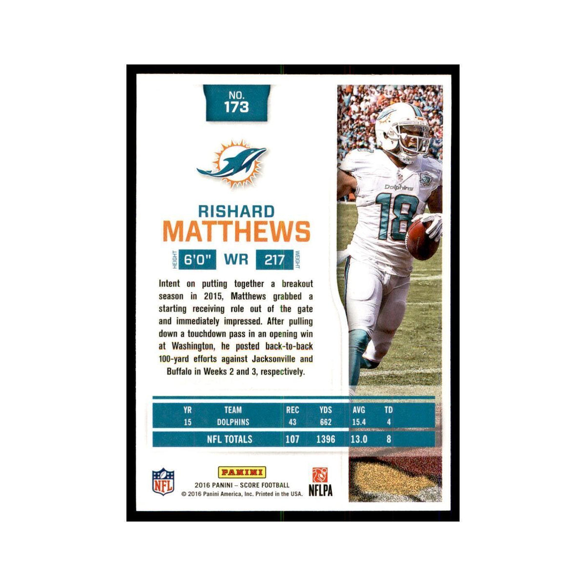 Rishard Matthews 2016 Score #173 Baseball Cards Football Card NM