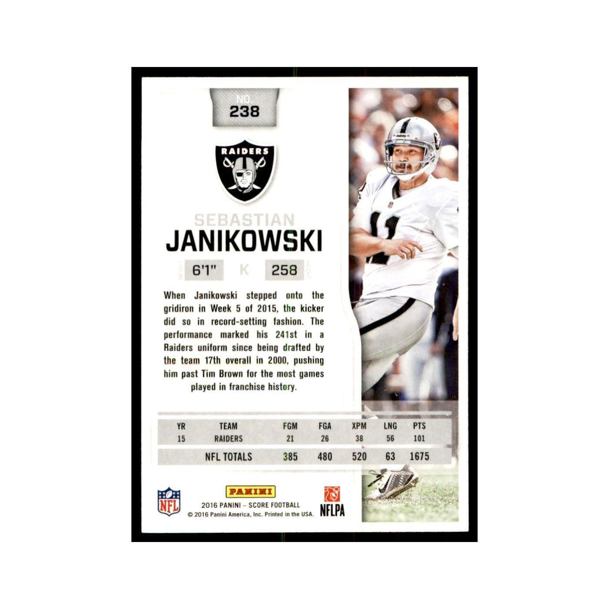 Sebastian Janikowski 2016 Score #238 Baseball Cards Football Card NM