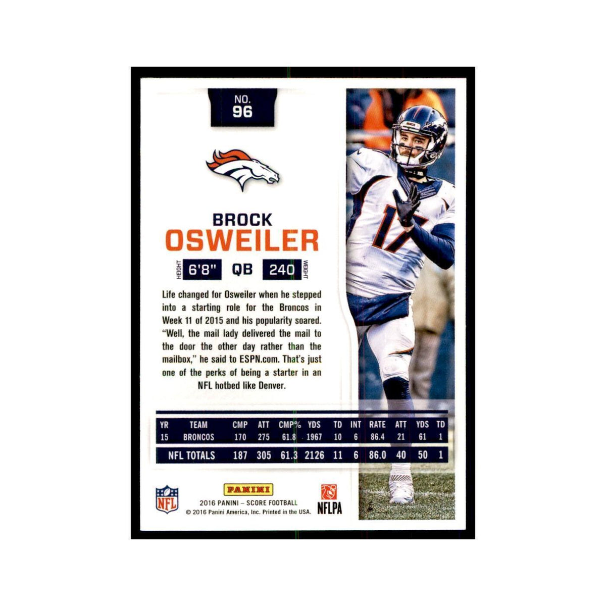Brock Osweiler 2016 Score #96 Baseball Cards Football Card NM