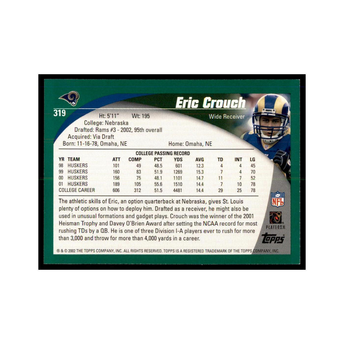 Eric Crouch 2002 Topps #319 Football Cards Football Card NM