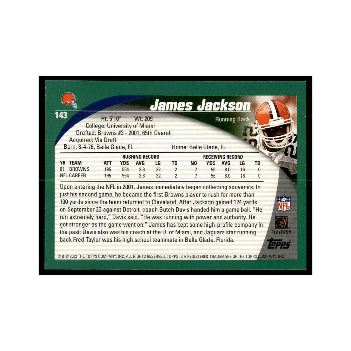 James Jackson 2002 Topps #143 Football Cards Football Card NM