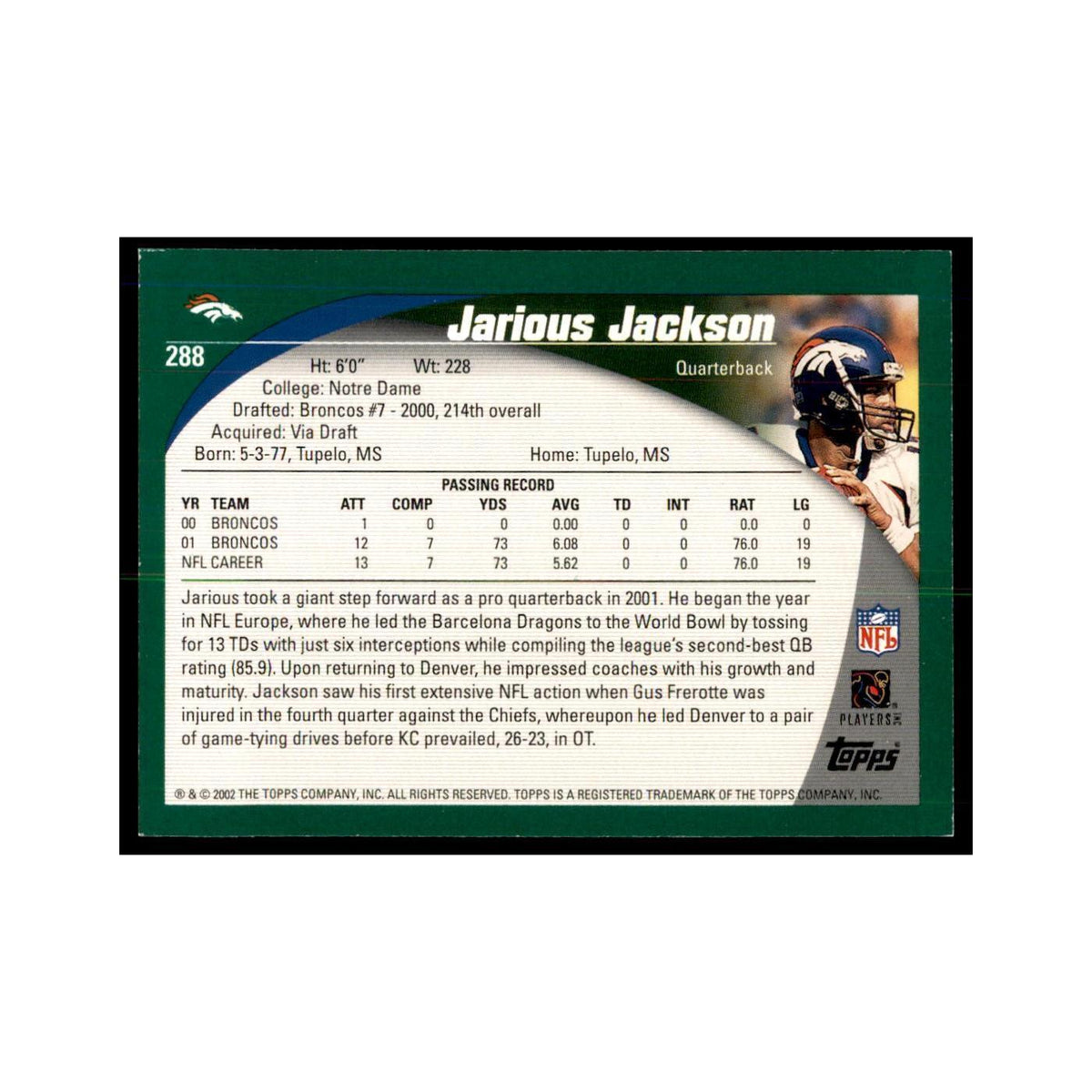 Jarious Jackson 2002 Topps #288 Football Cards Football Card NM