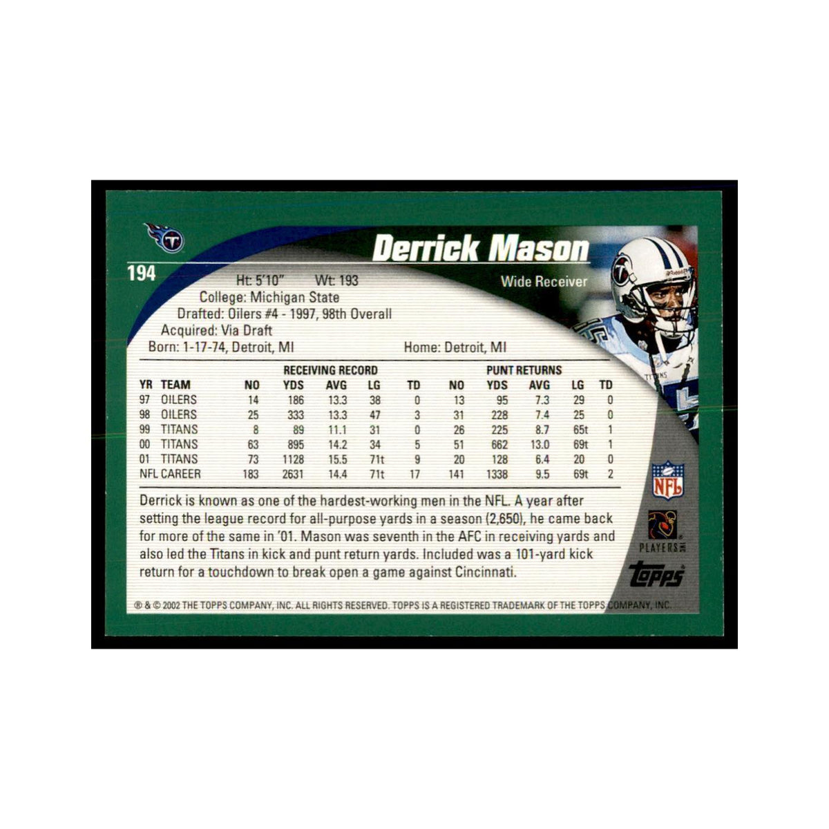 Derrick Mason 2002 Topps #194 Football Cards Football Card NM