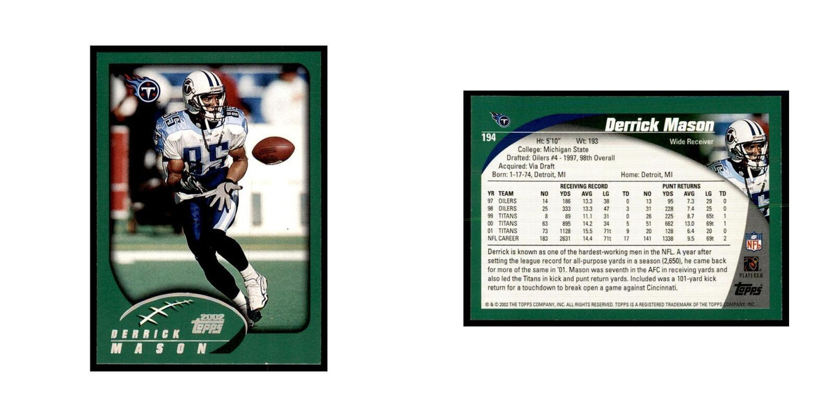 Derrick Mason 2002 Topps #194 Football Cards Football Card NM