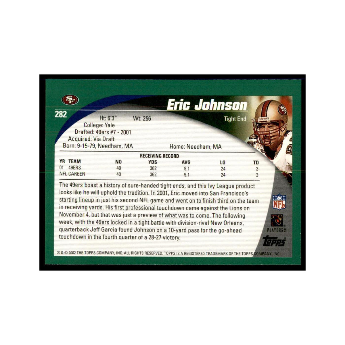 Eric Johnson 2002 Topps #282 Football Cards Football Card NM