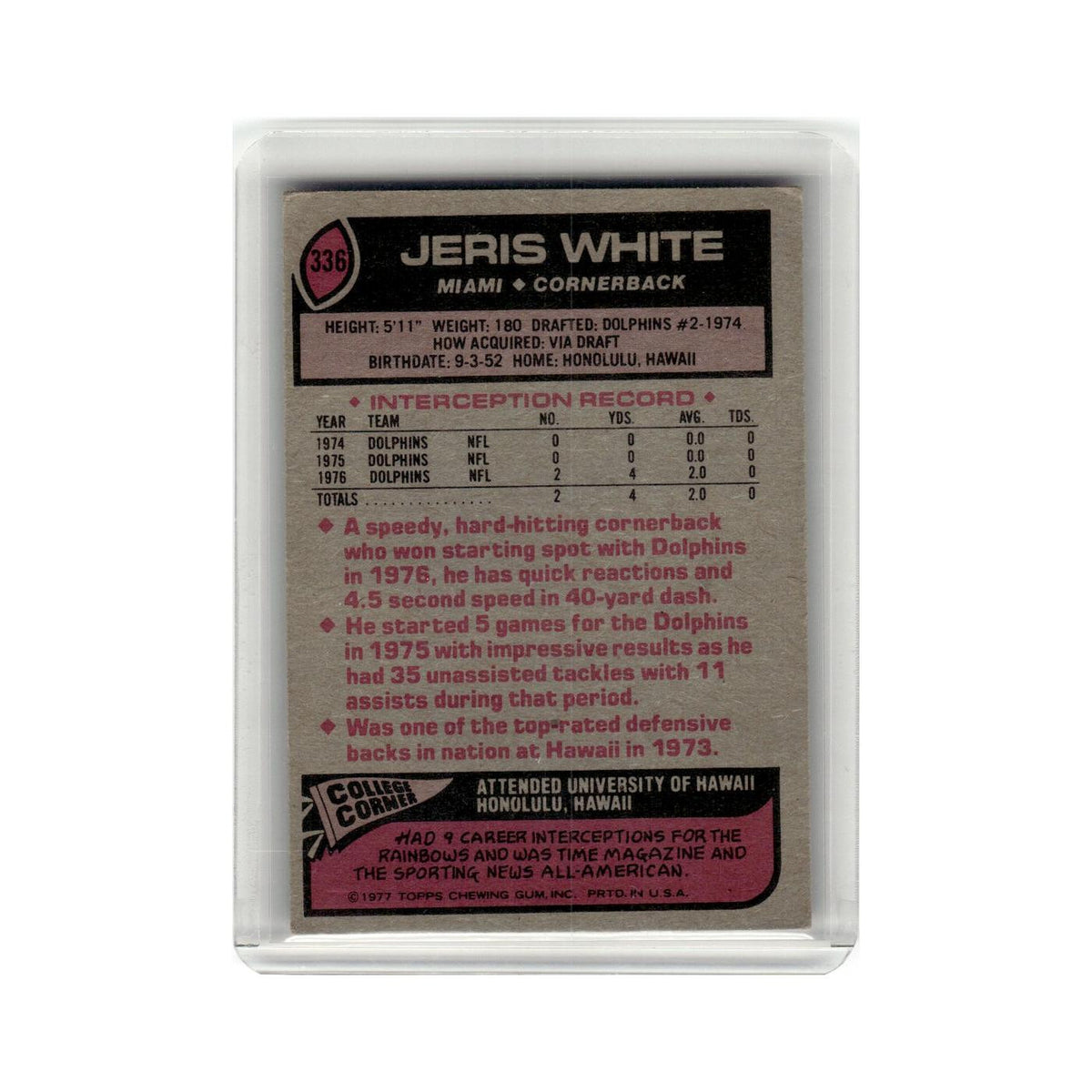 Jeris White 1977 Topps #336 Miami Dolphins Football Card EX
