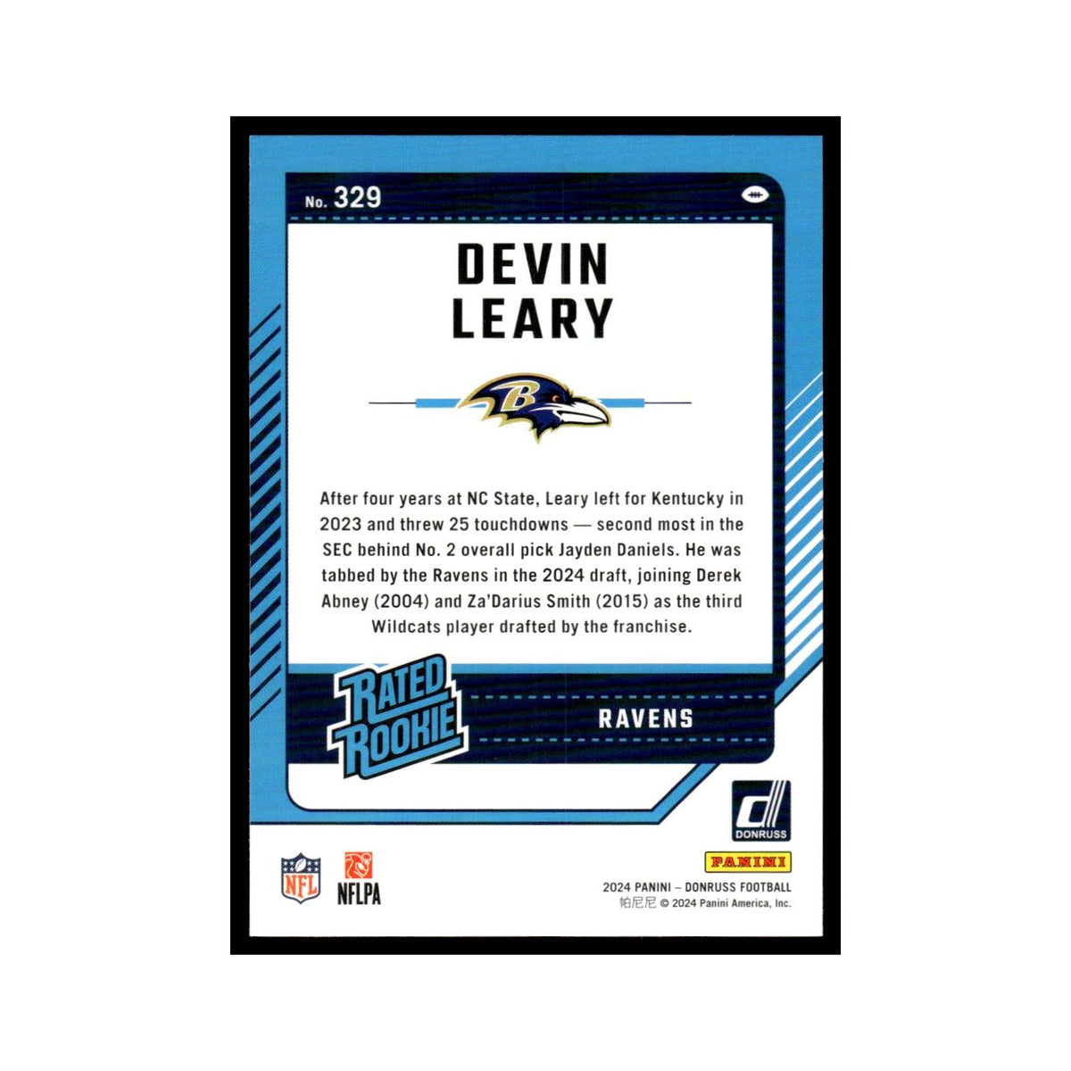 Devin Leary Rookie 2024 Donruss #329 Baltimore Ravens Football Card NM