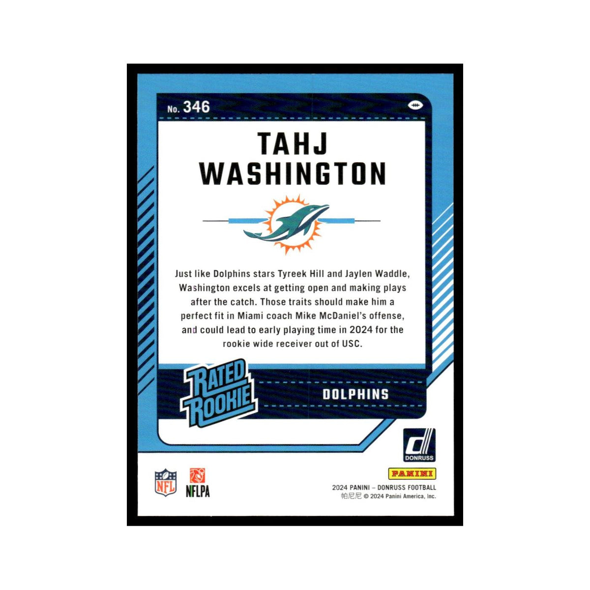 Tahj Washington Rookie 2024 Donruss #346 Miami Dolphins Football Card NM