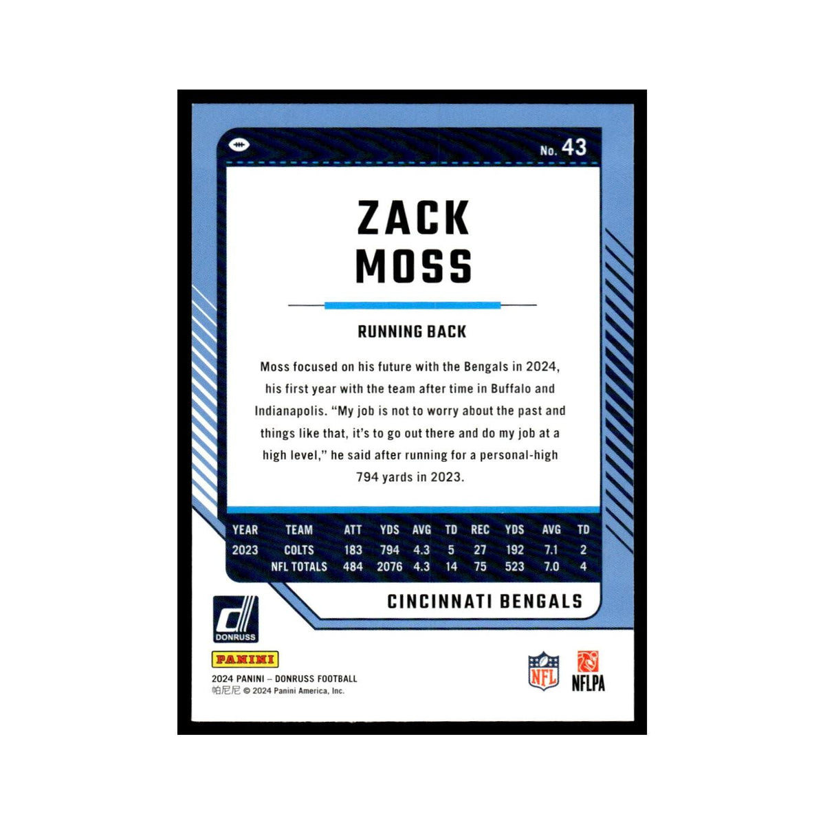 Zack Moss 2024 Donruss #43 Cincinnati Bengals Football Card NM