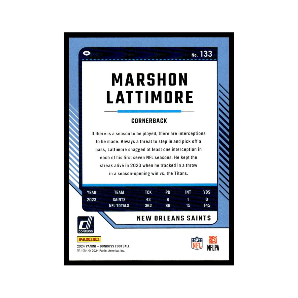 Marshon Lattimore 2024 Donruss #133 New Orleans Saints Football Card NM