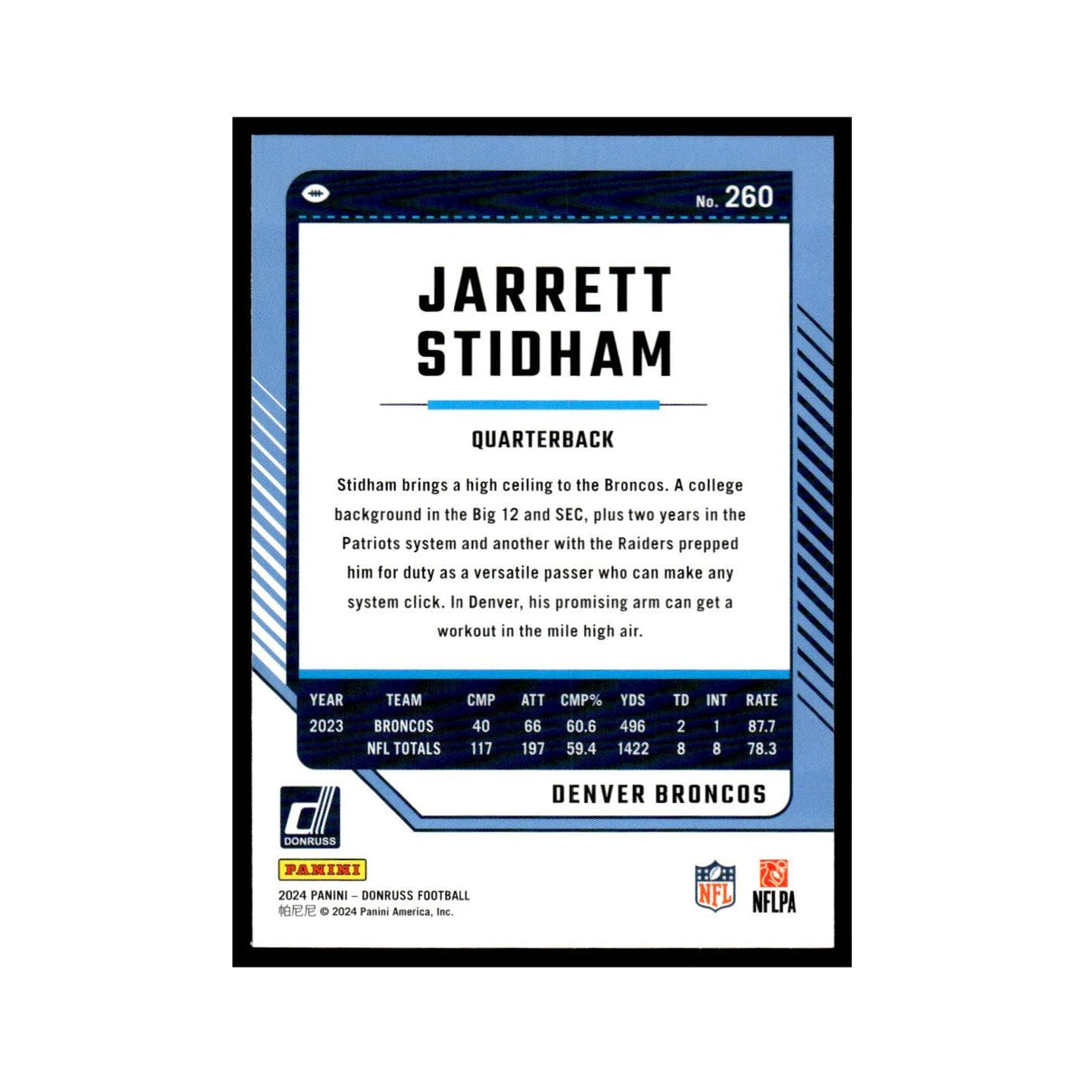Jarrett Stidham 2024 Donruss #260 Denver Broncos Football Card NM