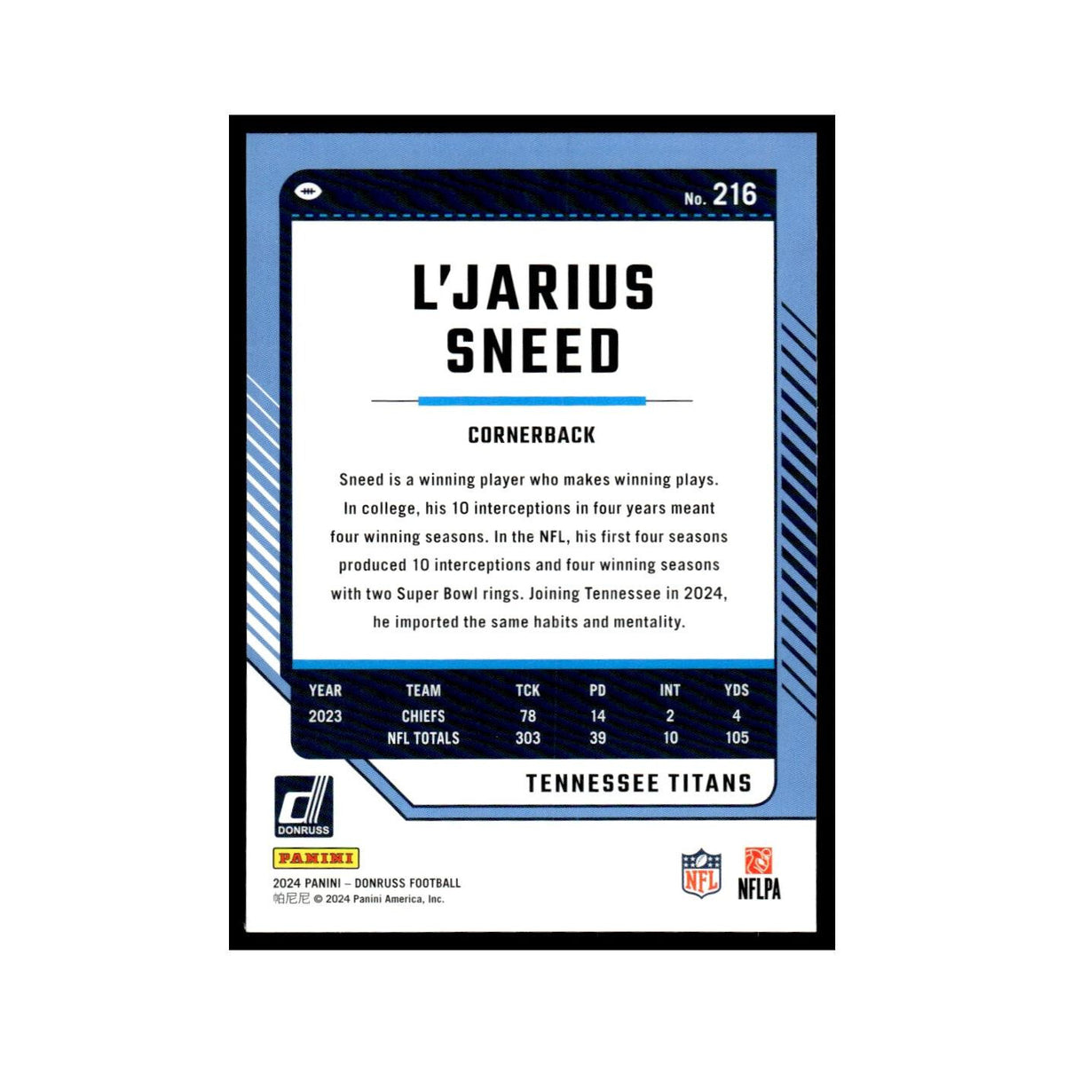 L'Jarius Sneed 2024 Donruss #216 Tennessee Titans Football Card NM