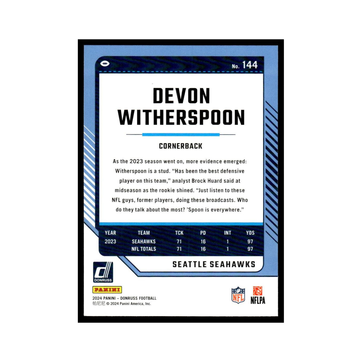 Devon Witherspoon 2024 Donruss #144 Seattle Seahawks Football Card NM