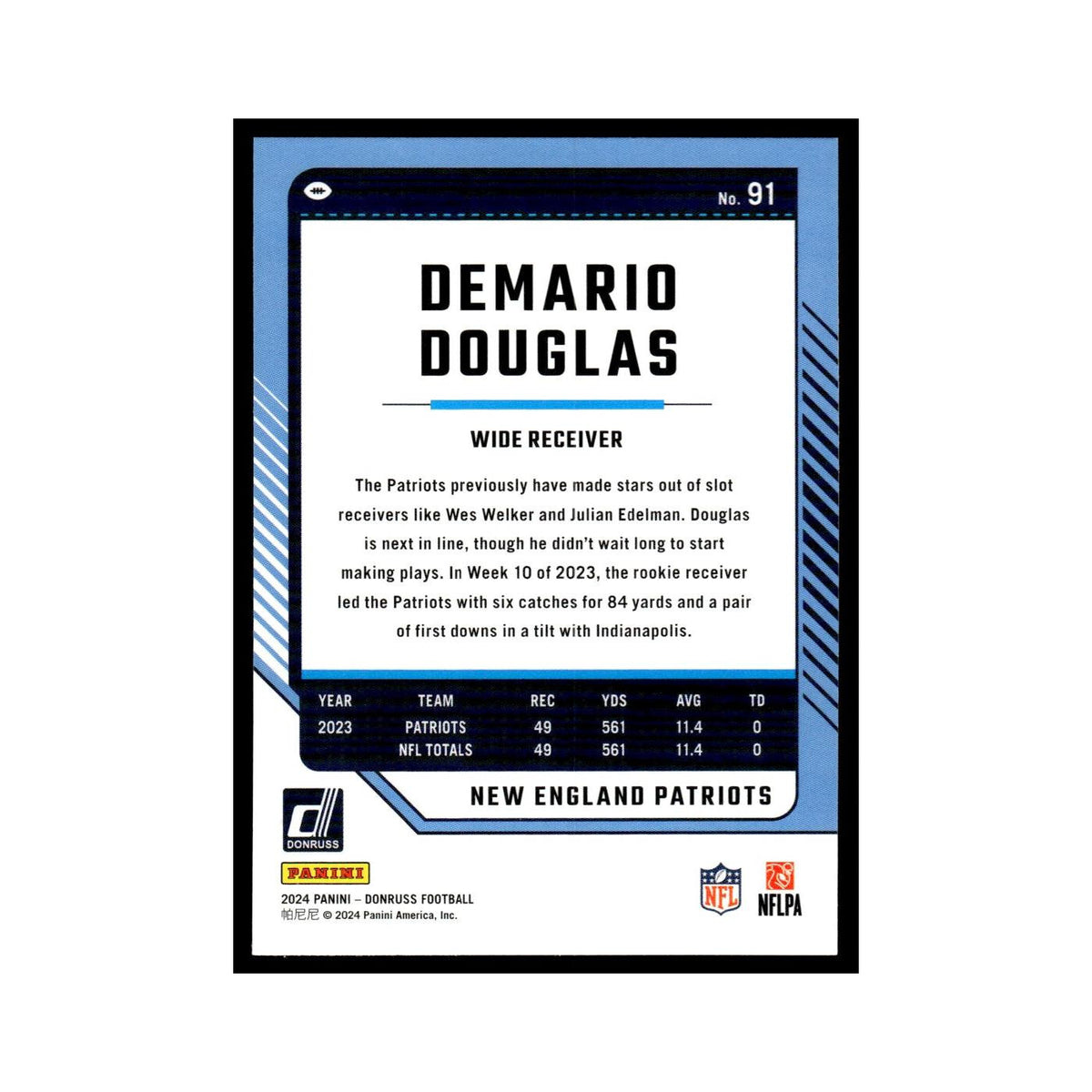 Demario Douglas 2024 Donruss #91 New England Patriots Football Card NM