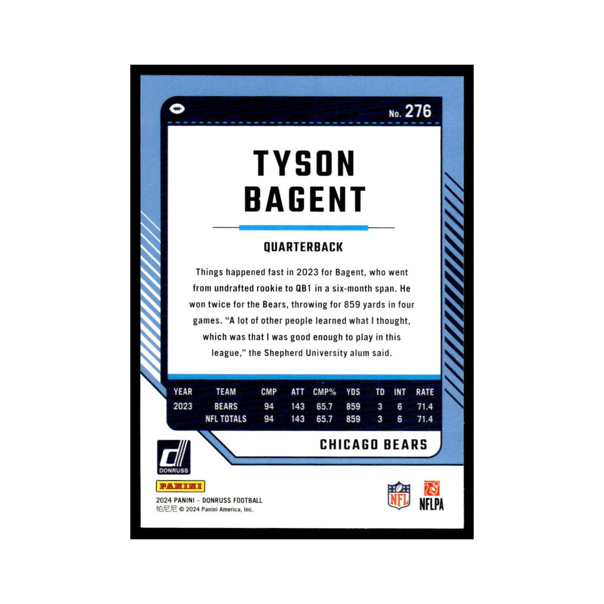 Tyson Bagent 2024 Donruss #276 Chicago Bears Football Card NM