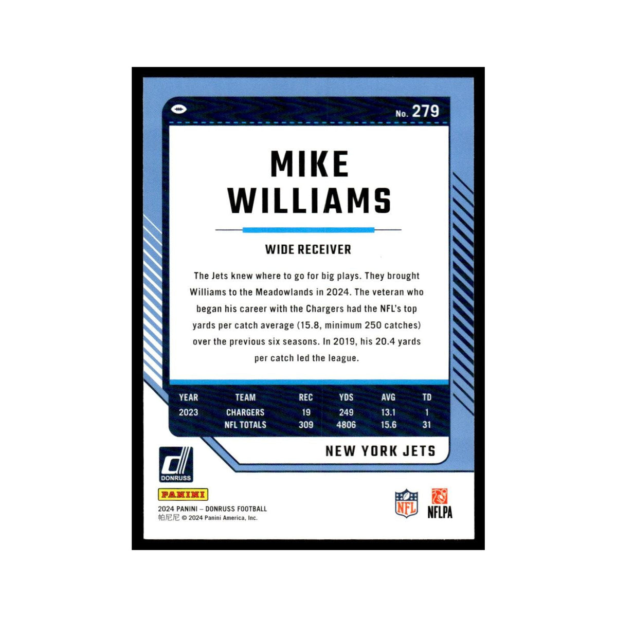 Mike Williams 2024 Donruss #279 New York Jets Football Card NM