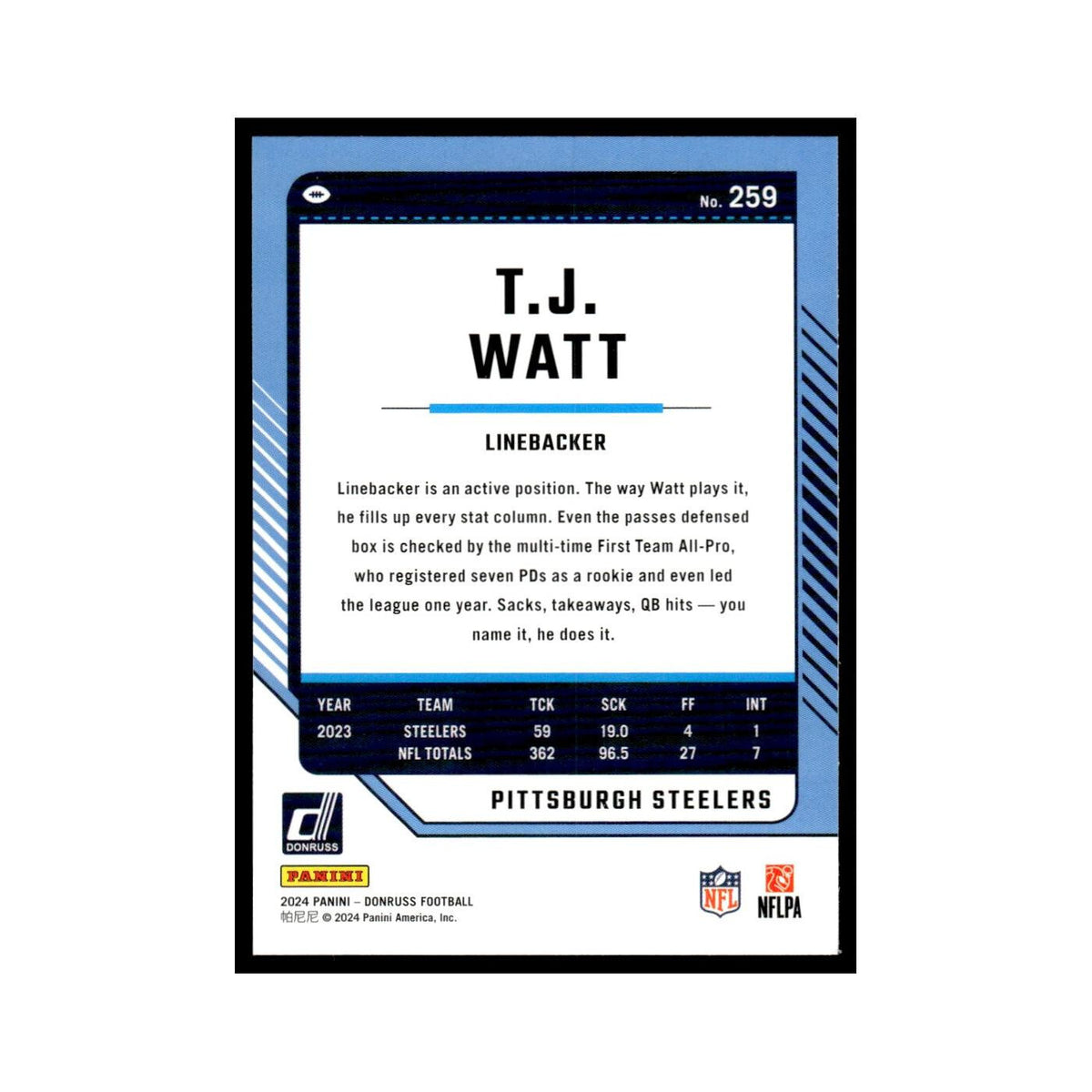 T.J. Watt 2024 Donruss #259 Pittsburgh Steelers Football Card NM