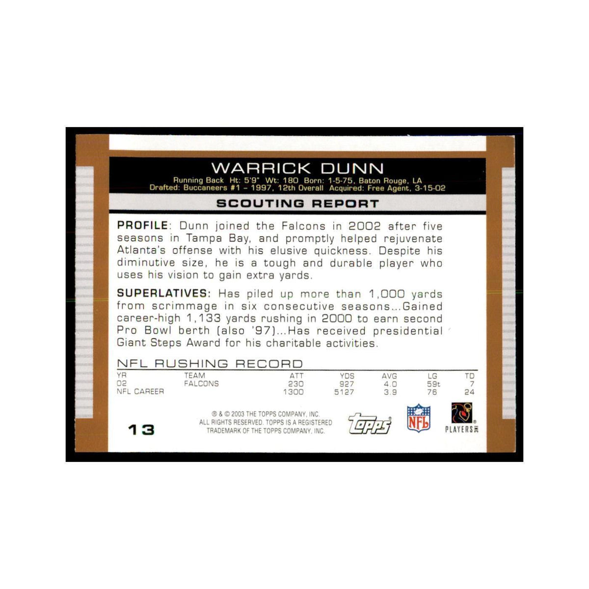 Warrick Dunn 2003 Topps #13 Football Cards Football Card NM