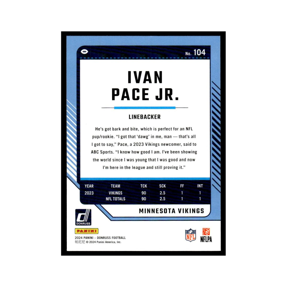 Ivan Pace Jr. 2024 Donruss #104 Minnesota Vikings Football Card NM