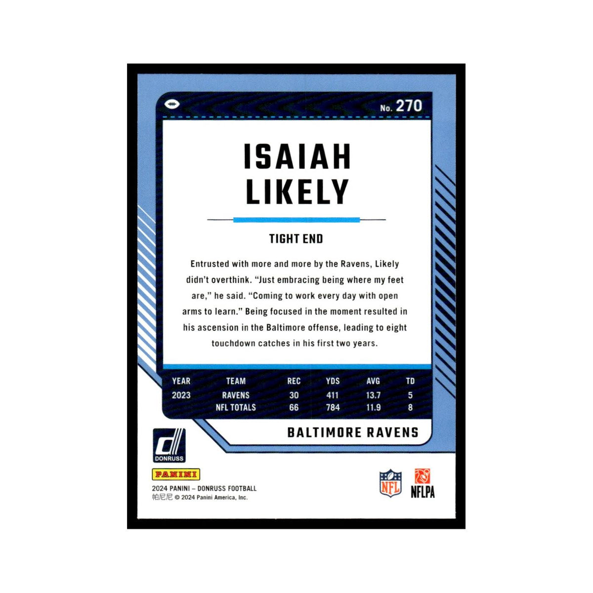 Isaiah Likely 2024 Donruss #270 Baltimore Ravens Football Card NM