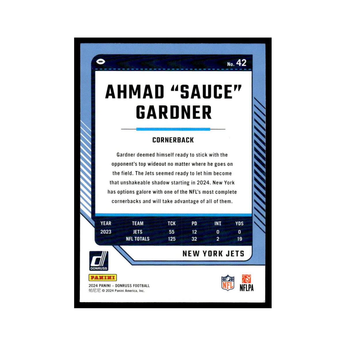 Ahmad Sauce Gardner 2024 Donruss #42 New York Jets Football Card NM